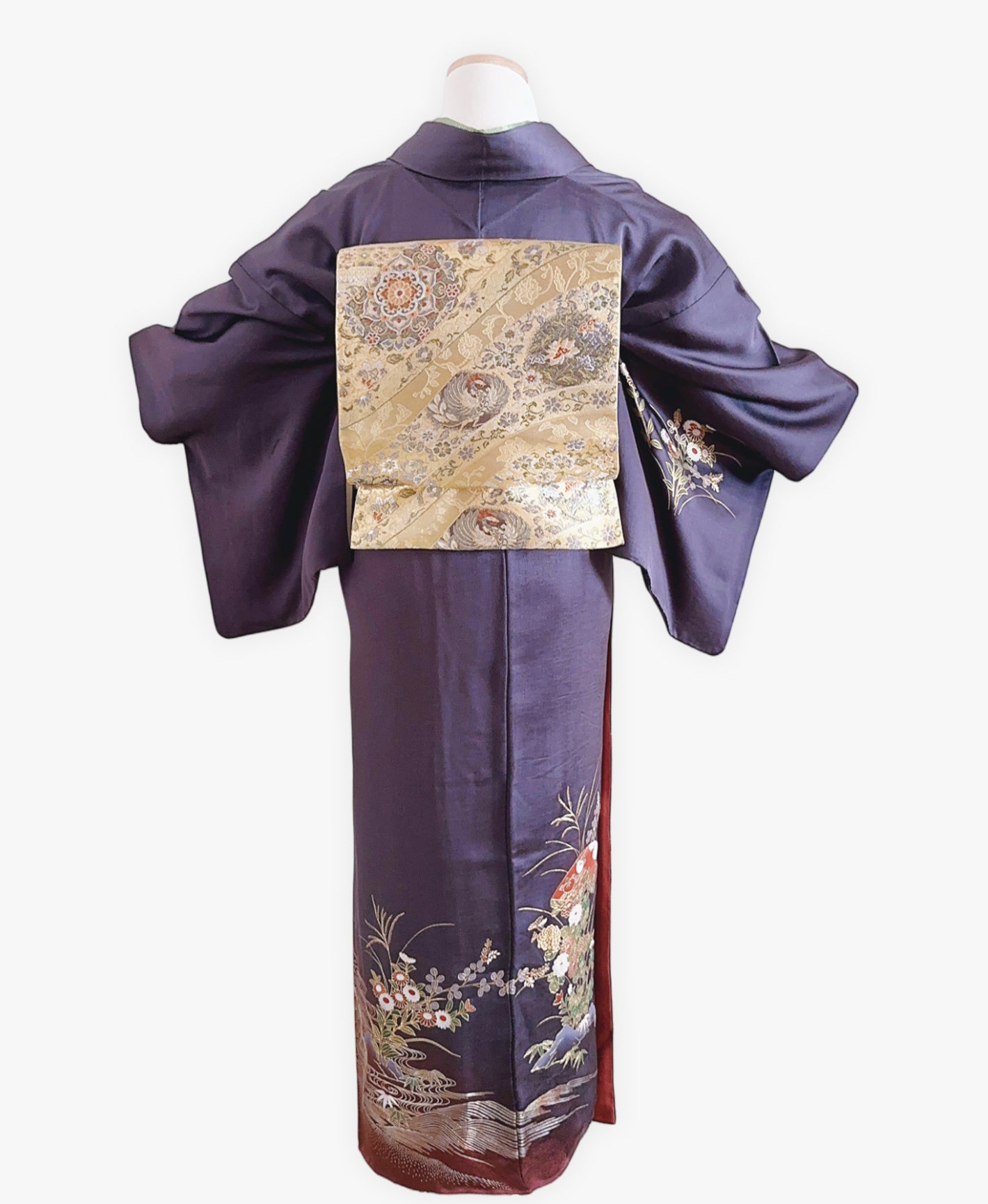 濃鼠 紫系 暈し染め 駒刺繍 金彩 扇面 花草 青海波 流水 訪問着 着物レンタル