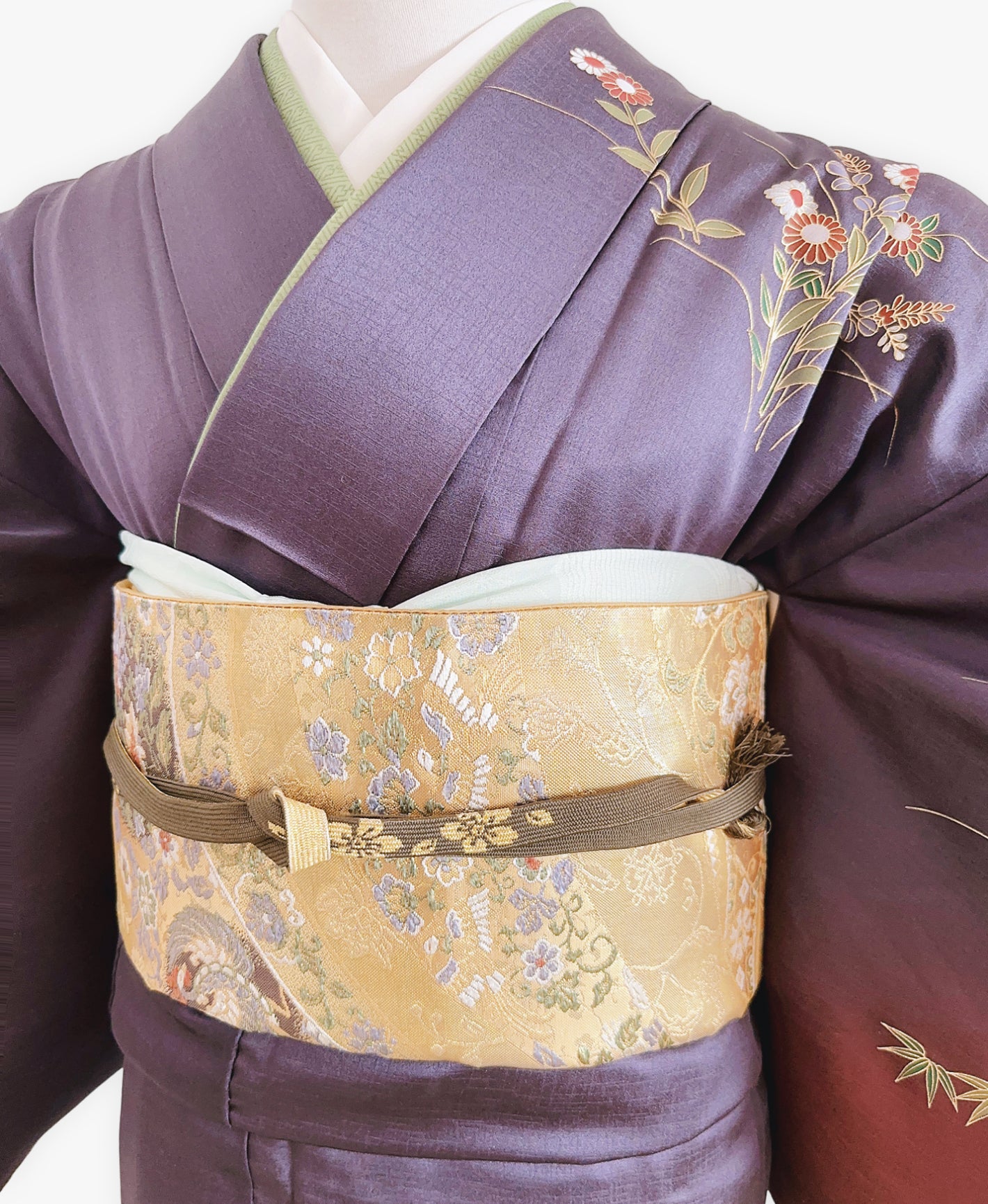濃鼠 紫系 暈し染め 駒刺繍 金彩 扇面 花草 青海波 流水 訪問着 着物レンタル