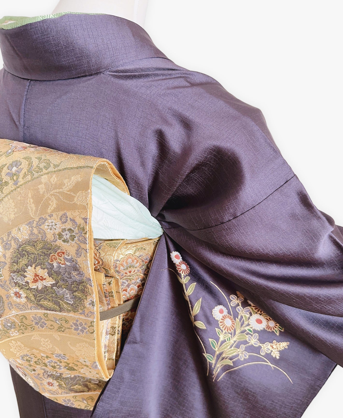 濃鼠 紫系 暈し染め 駒刺繍 金彩 扇面 花草 青海波 流水 訪問着 着物レンタル