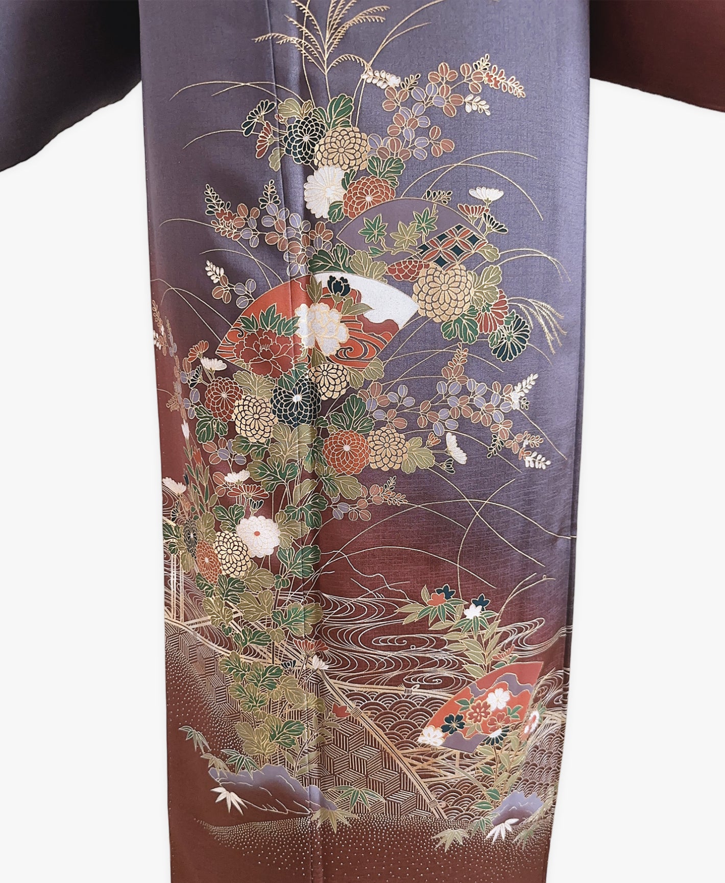 濃鼠 紫系 暈し染め 駒刺繍 金彩 扇面 花草 青海波 流水 訪問着 着物レンタル