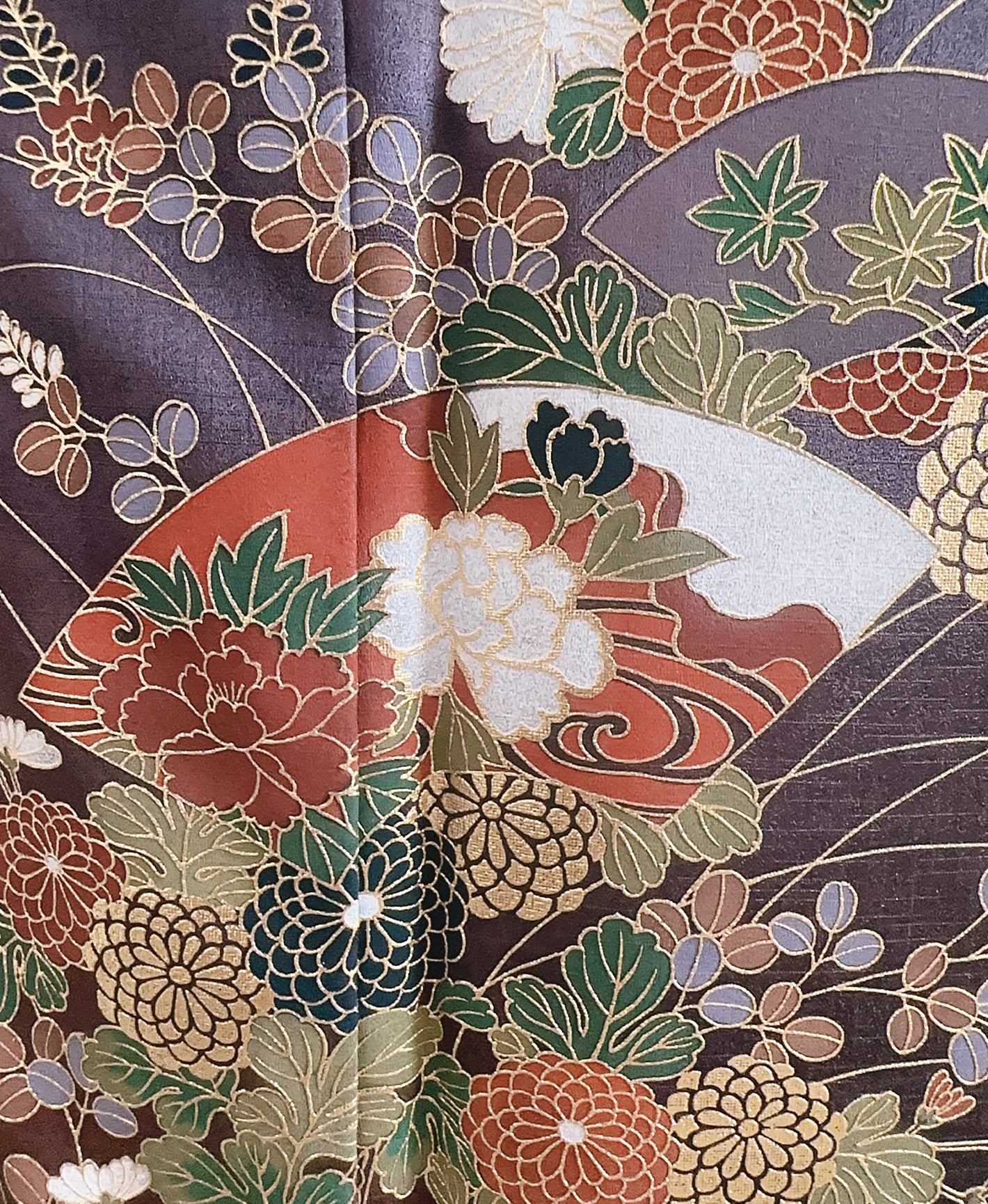 濃鼠 紫系 暈し染め 駒刺繍 金彩 扇面 花草 青海波 流水 訪問着 着物レンタル