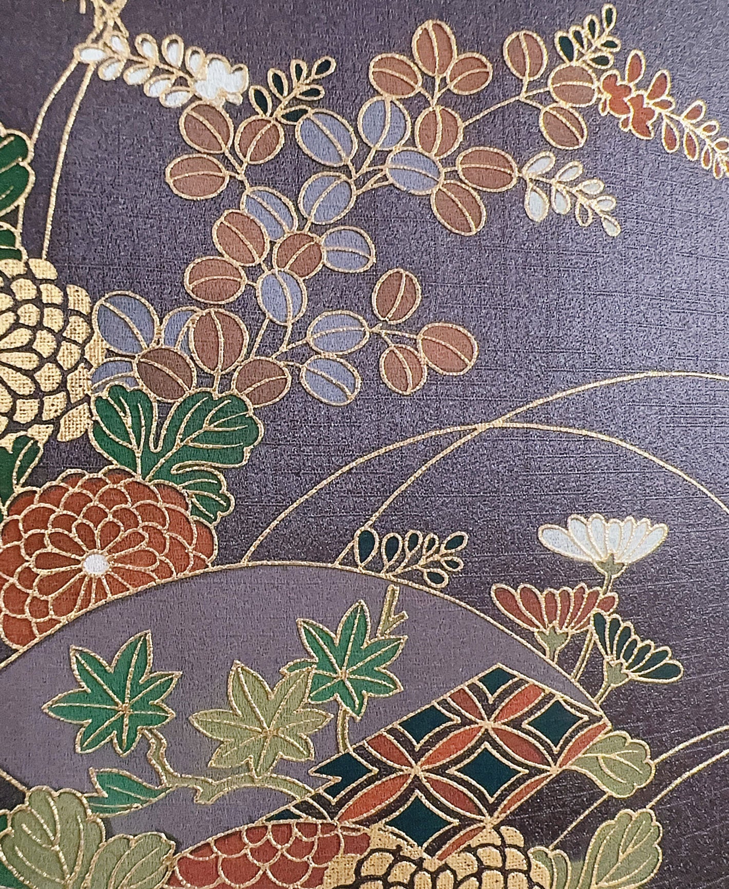 濃鼠 紫系 暈し染め 駒刺繍 金彩 扇面 花草 青海波 流水 訪問着 着物レンタル