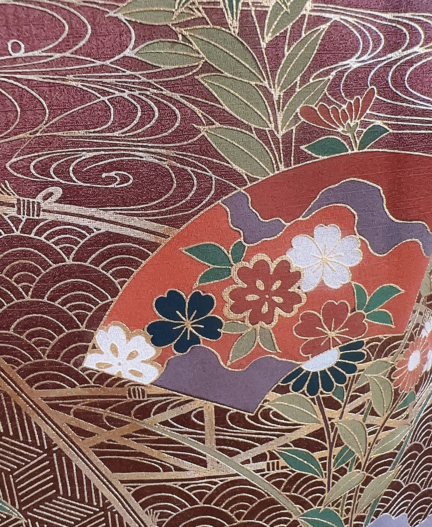 濃鼠 紫系 暈し染め 駒刺繍 金彩 扇面 花草 青海波 流水 訪問着 着物レンタル