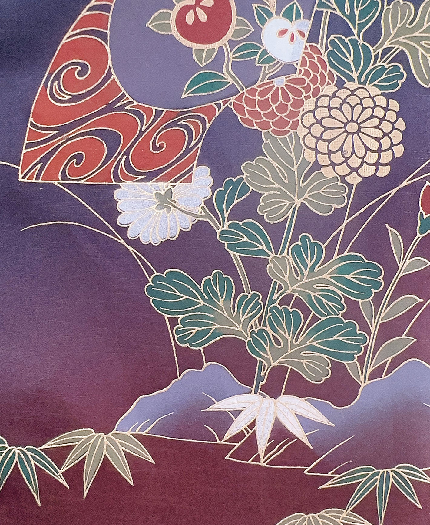 濃鼠 紫系 暈し染め 駒刺繍 金彩 扇面 花草 青海波 流水 訪問着 着物レンタル