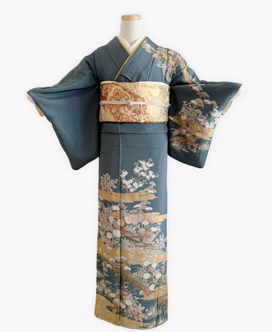 藍色 青系 駒刺繍 金彩 牡丹 松 風景 訪問着 着物レンタル