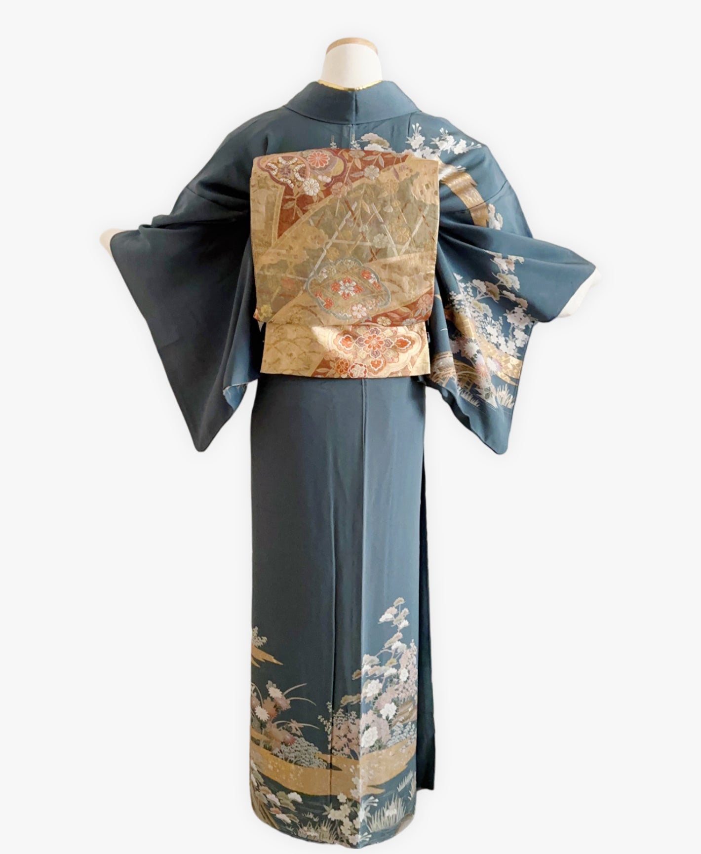 藍色 青系 駒刺繍 金彩 牡丹 松 風景 訪問着 着物レンタル