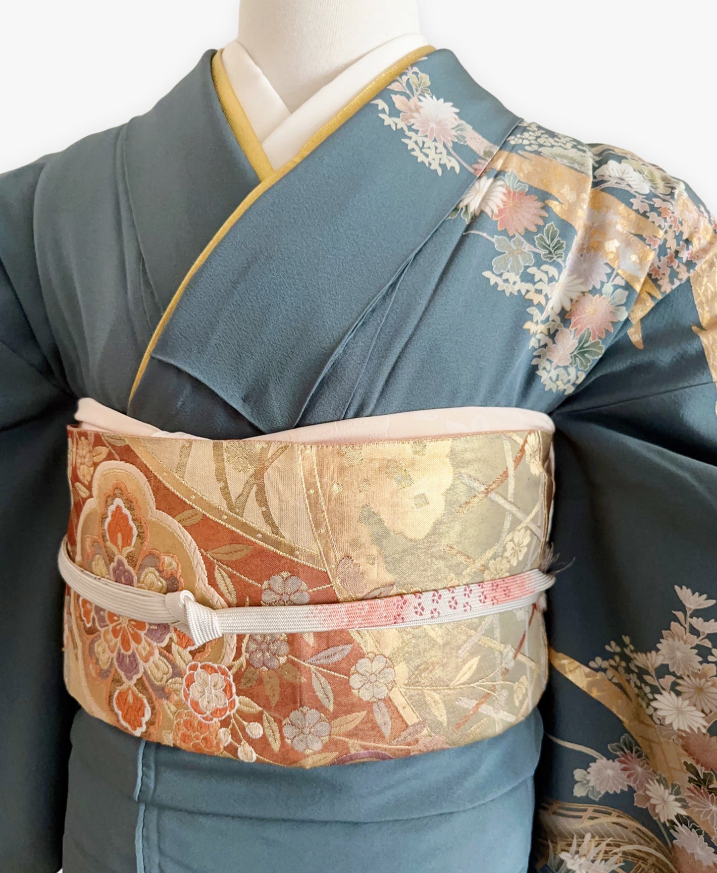 藍色 青系 駒刺繍 金彩 牡丹 松 風景 訪問着 着物レンタル