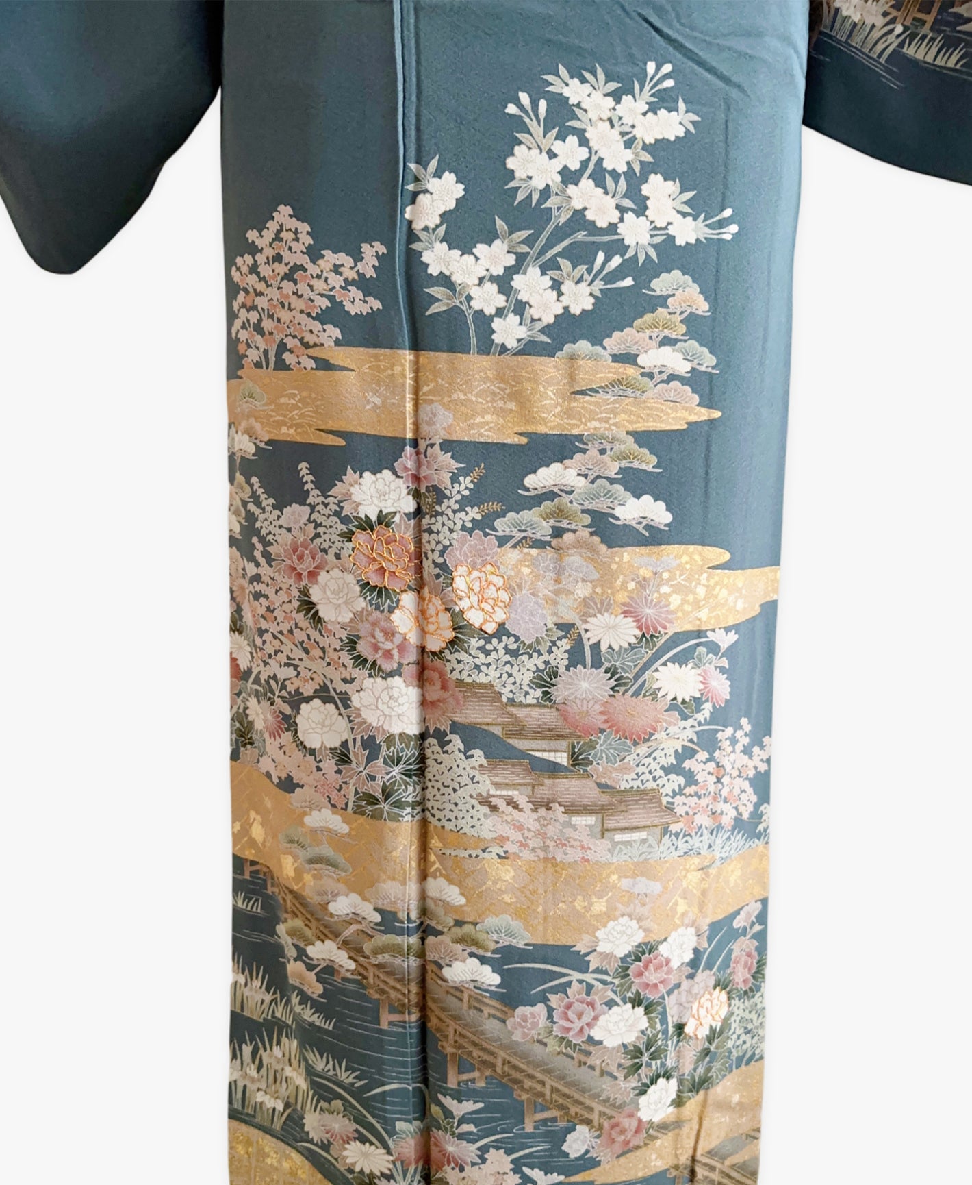 藍色 青系 駒刺繍 金彩 牡丹 松 風景 訪問着 着物レンタル