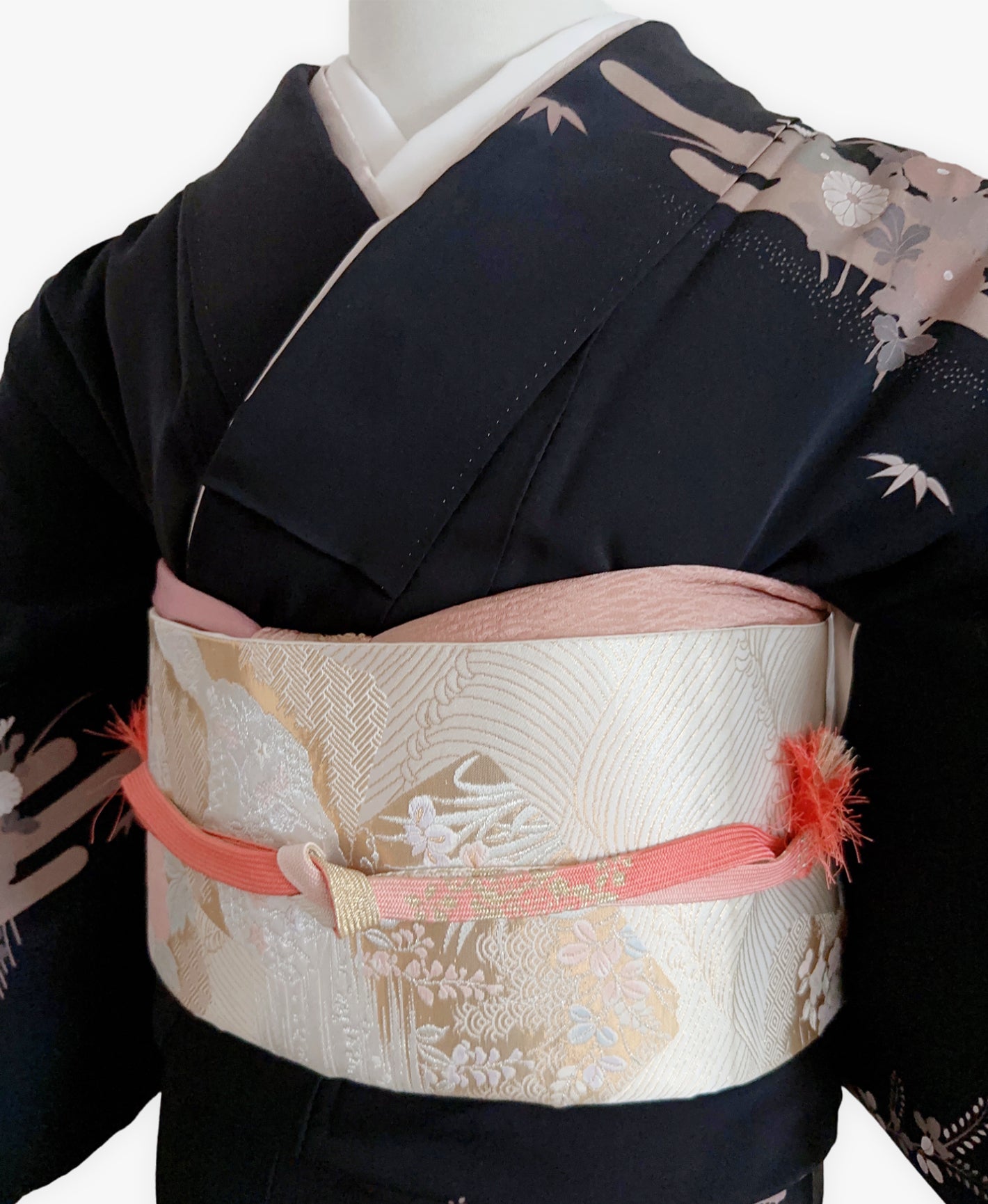 濡羽色 黒系 型染め 扇面 花草 絵が炭 ヱ霞 訪問着 着物レンタル