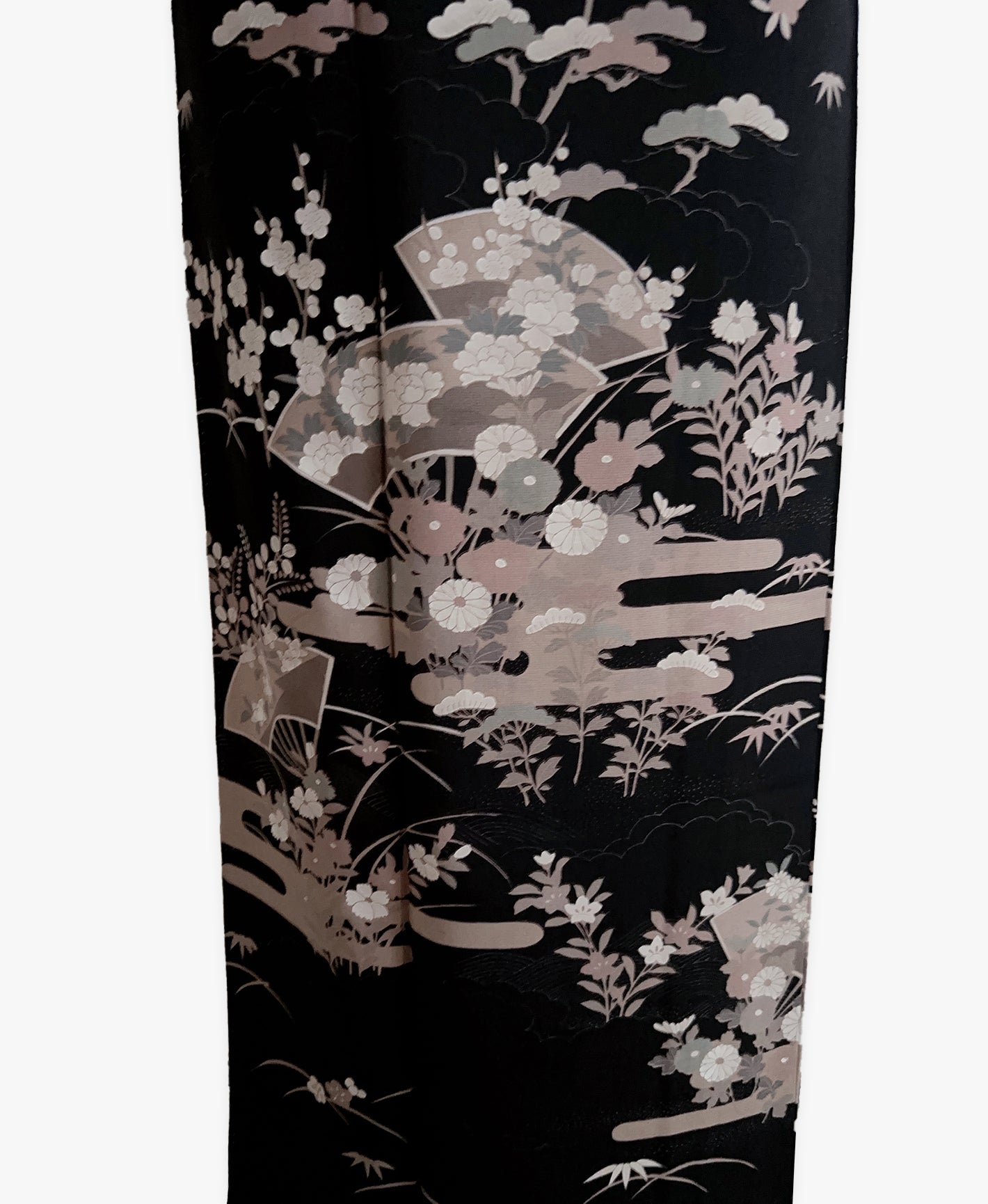 濡羽色 黒系 型染め 扇面 花草 絵が炭 ヱ霞 訪問着 着物レンタル