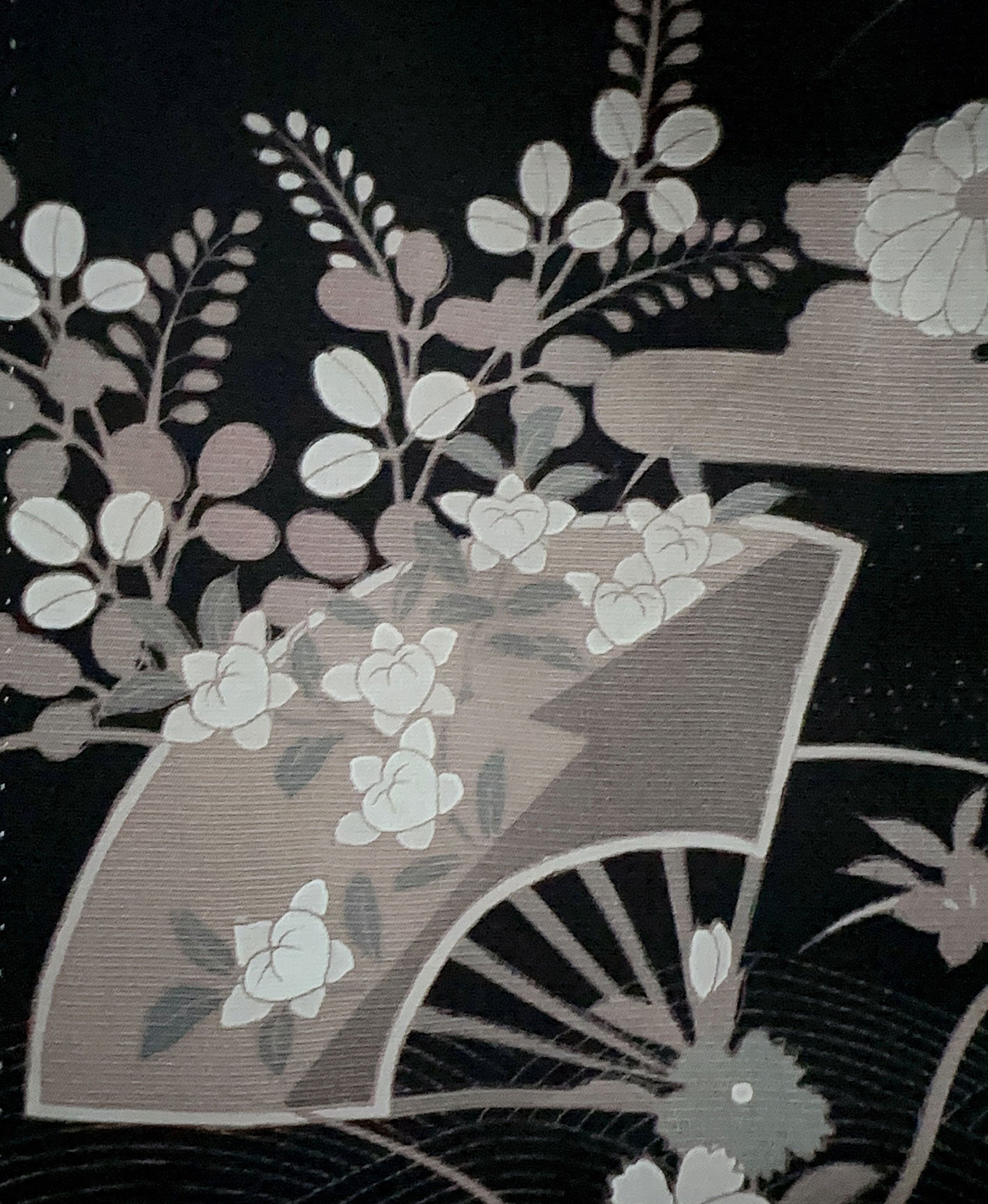 濡羽色 黒系 型染め 扇面 花草 絵が炭 ヱ霞 訪問着 着物レンタル