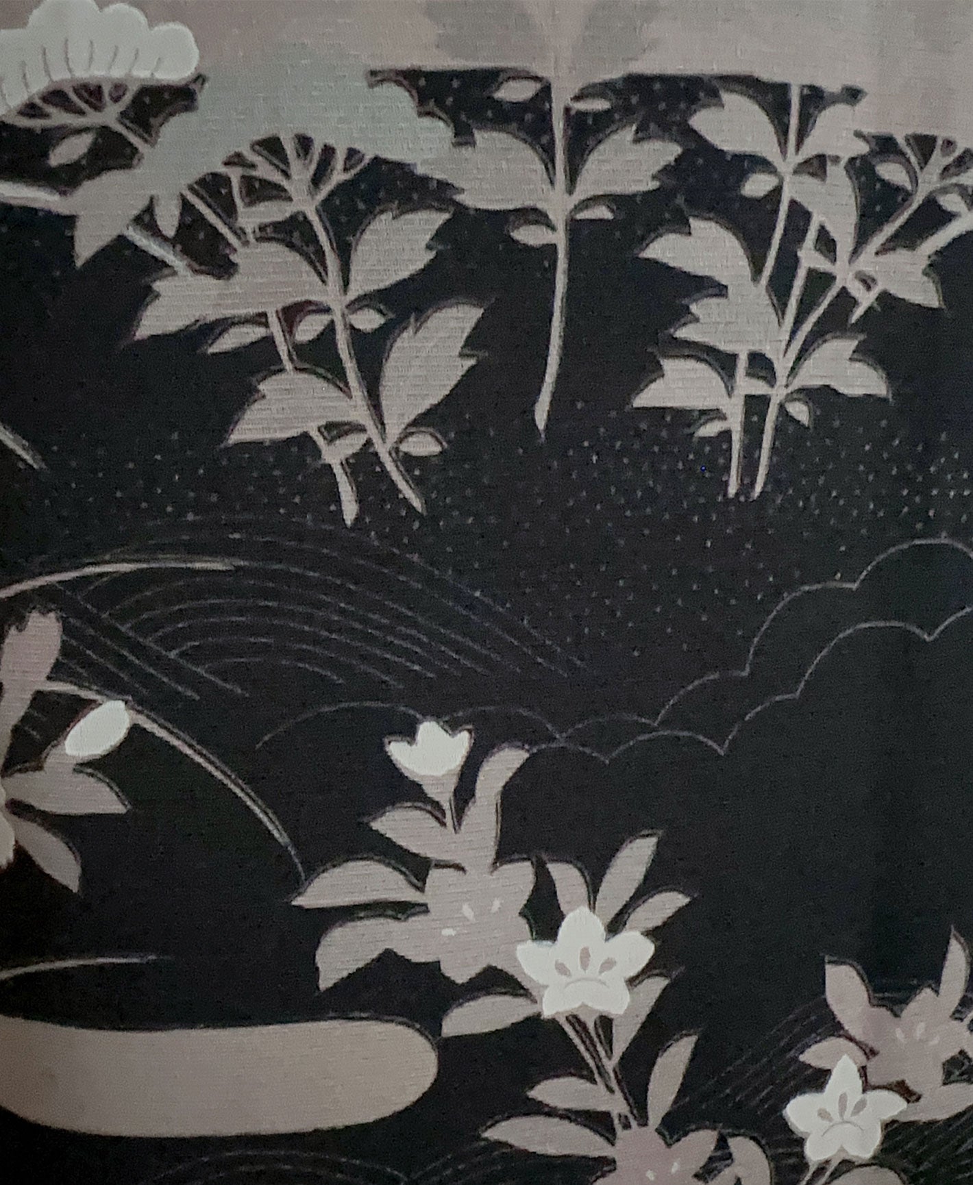 濡羽色 黒系 型染め 扇面 花草 絵が炭 ヱ霞 訪問着 着物レンタル