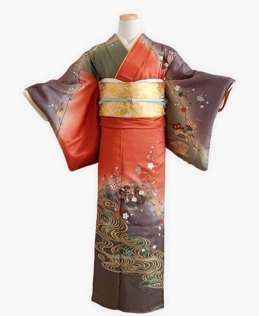代赭 橙系 暈し染め 金彩 觀世水 花車 訪問着 着物レンタル