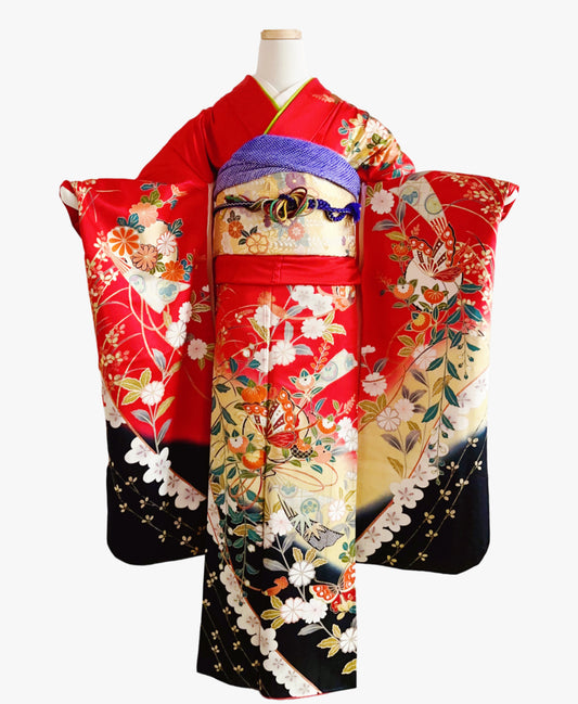 深緋色 赤系 駒刺繍 金彩 櫻 橘 草花文 振袖 着物レンタル