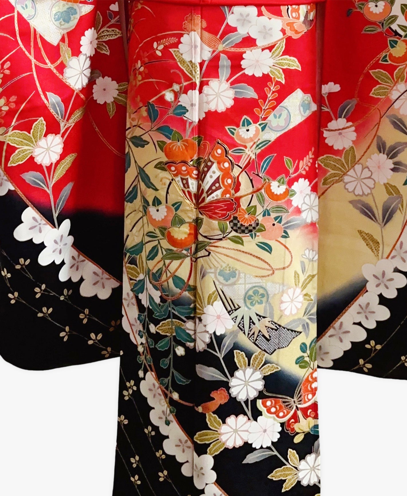 深緋色 赤系 駒刺繍 金彩 櫻 橘 草花文 振袖 着物レンタル