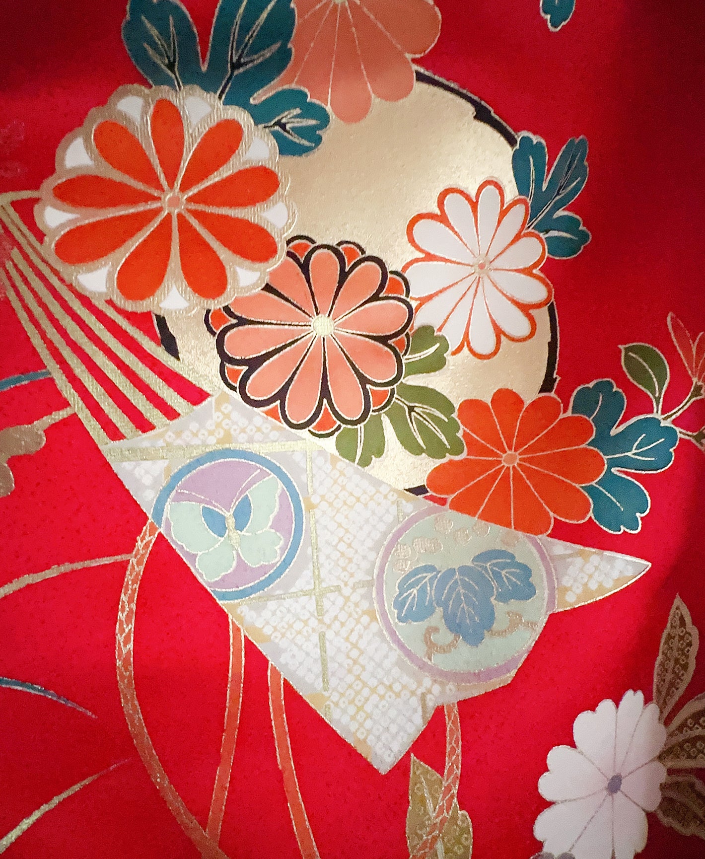 深緋色 赤系 駒刺繍 金彩 櫻 橘 草花文 振袖 ZX101