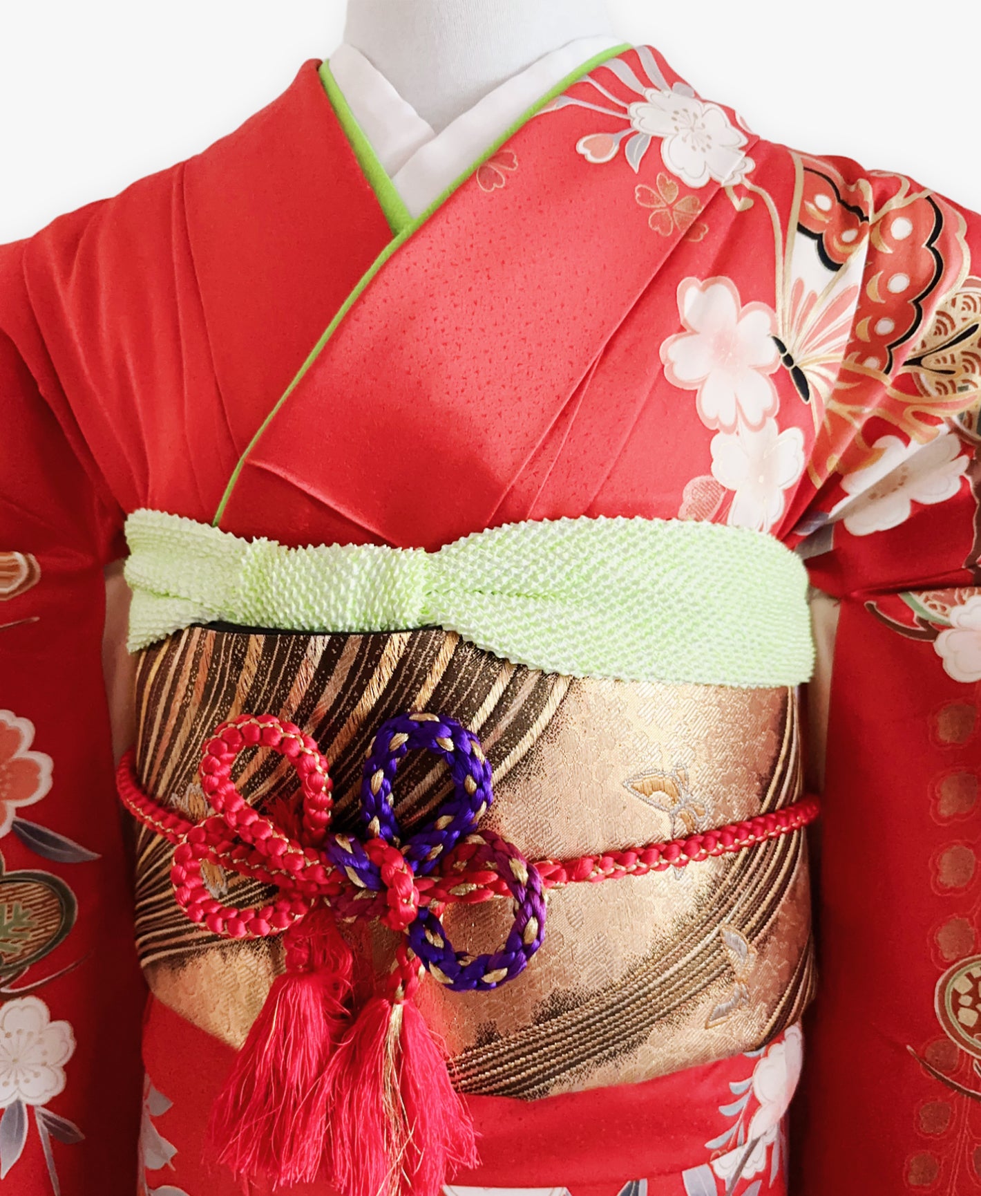 猩々緋 赤系 暈し染め 駒刺繍 金彩 藤 松 桜 蝶 花草 振袖 着物レンタル 成人式振袖