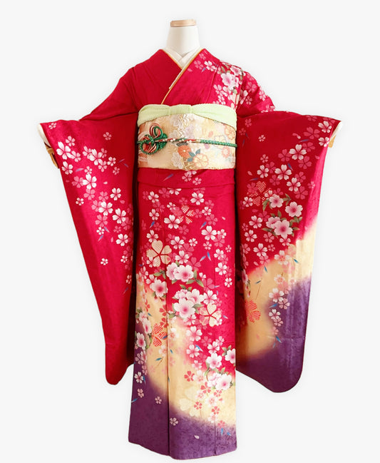 紅 赤系 暈し染め 手描き 桜吹雪 振袖 着物レンタル
