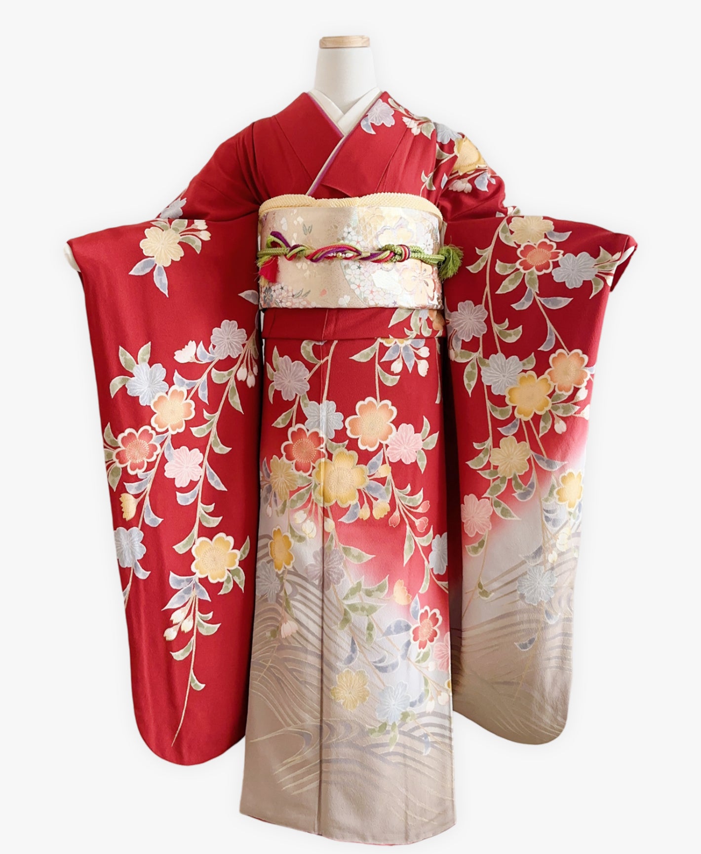朱緋 赤系 暈し染め 手描き 枝垂れ桜 振袖 着物レンタル 成人式振袖