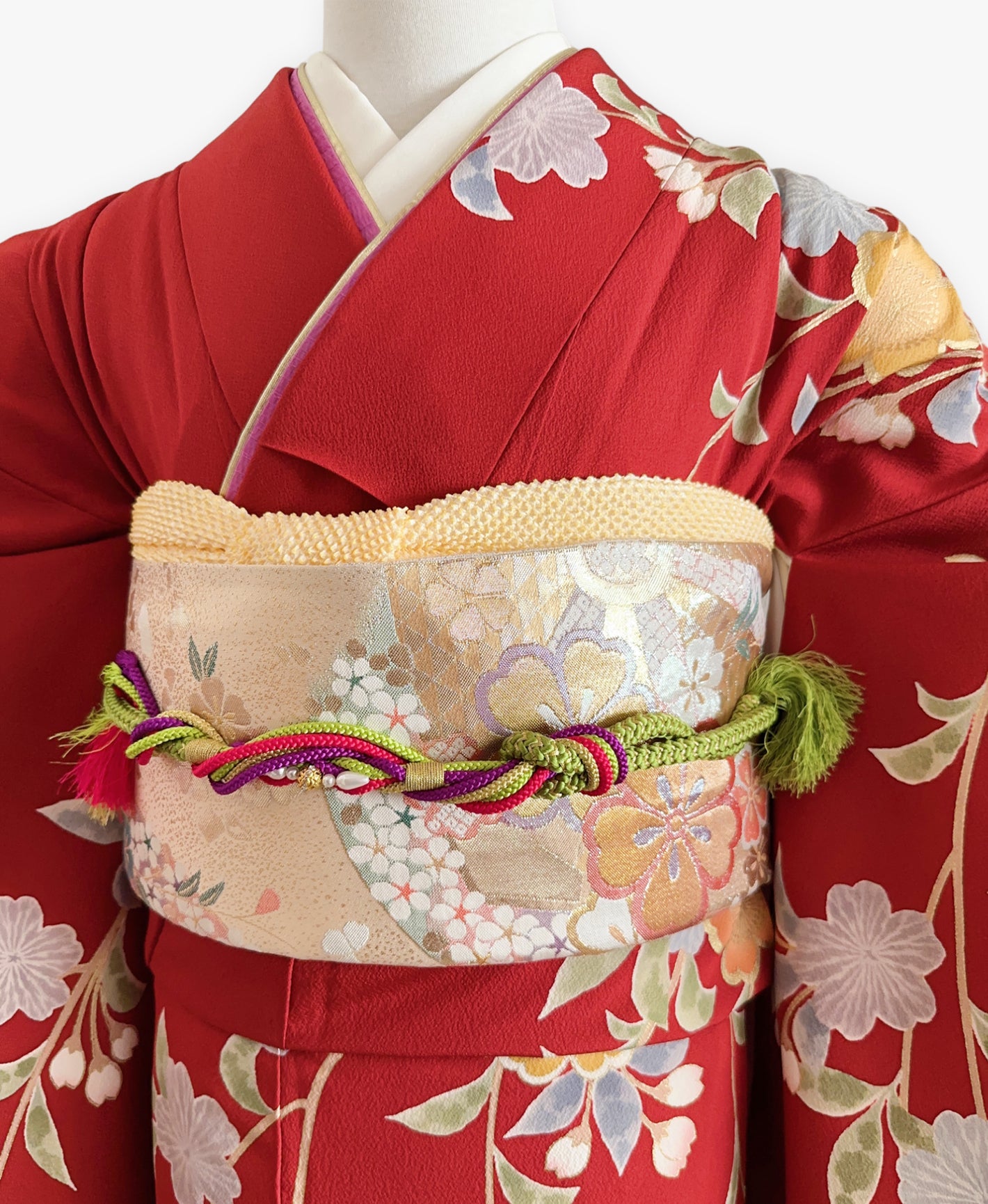 朱緋 赤系 暈し染め 手描き 枝垂れ桜 振袖 着物レンタル