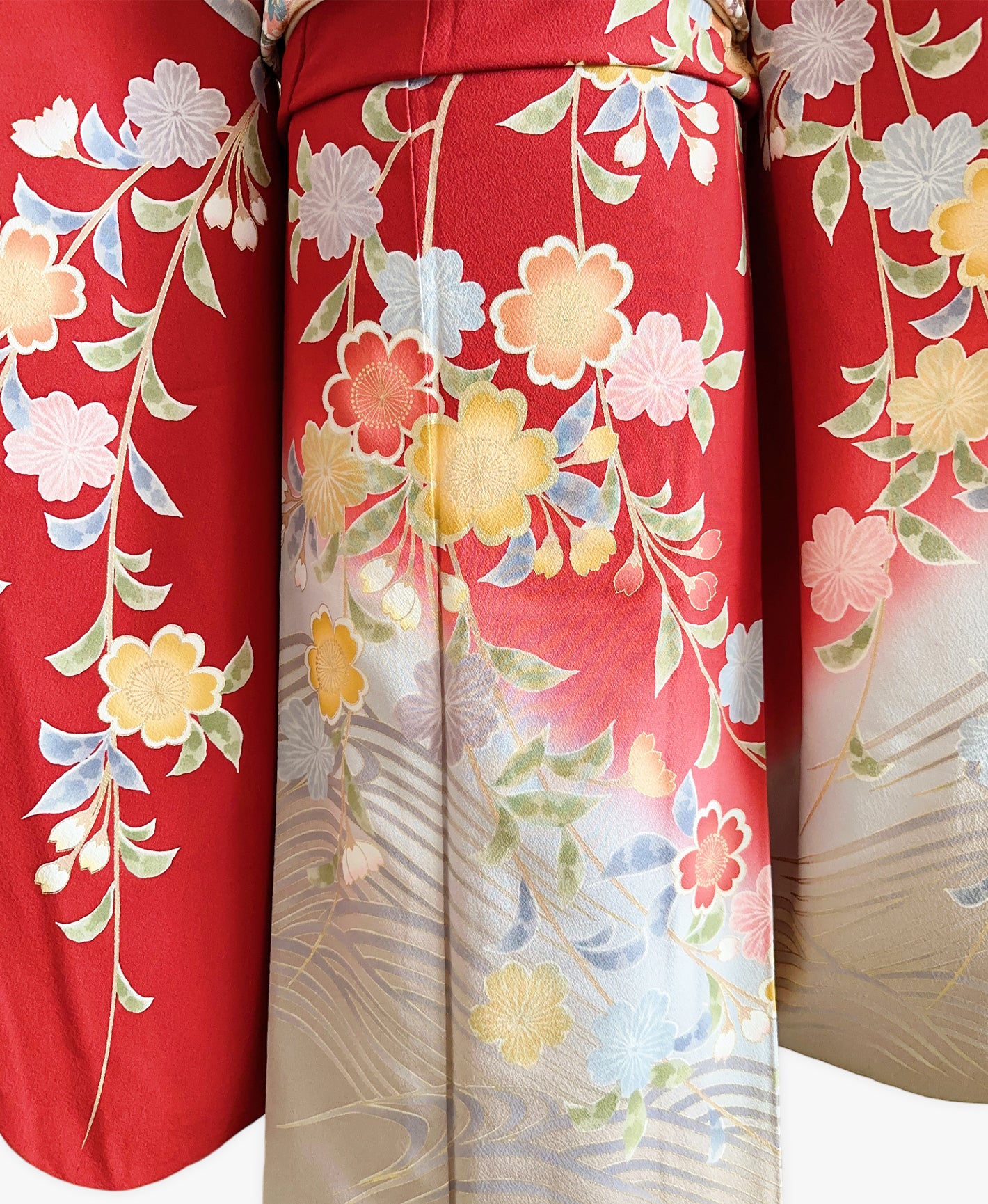 朱緋 赤系 暈し染め 手描き 枝垂れ桜 振袖 着物レンタル