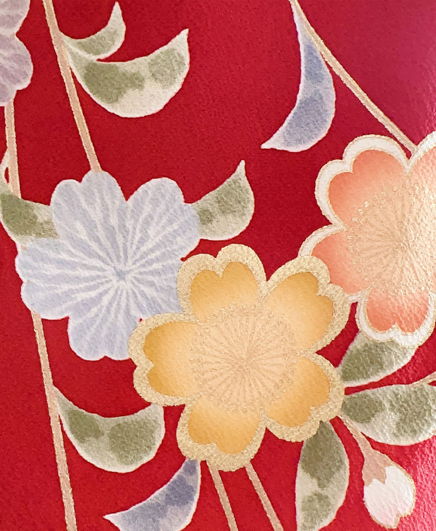 朱緋 赤系 暈し染め 手描き 枝垂れ桜 振袖 着物レンタル
