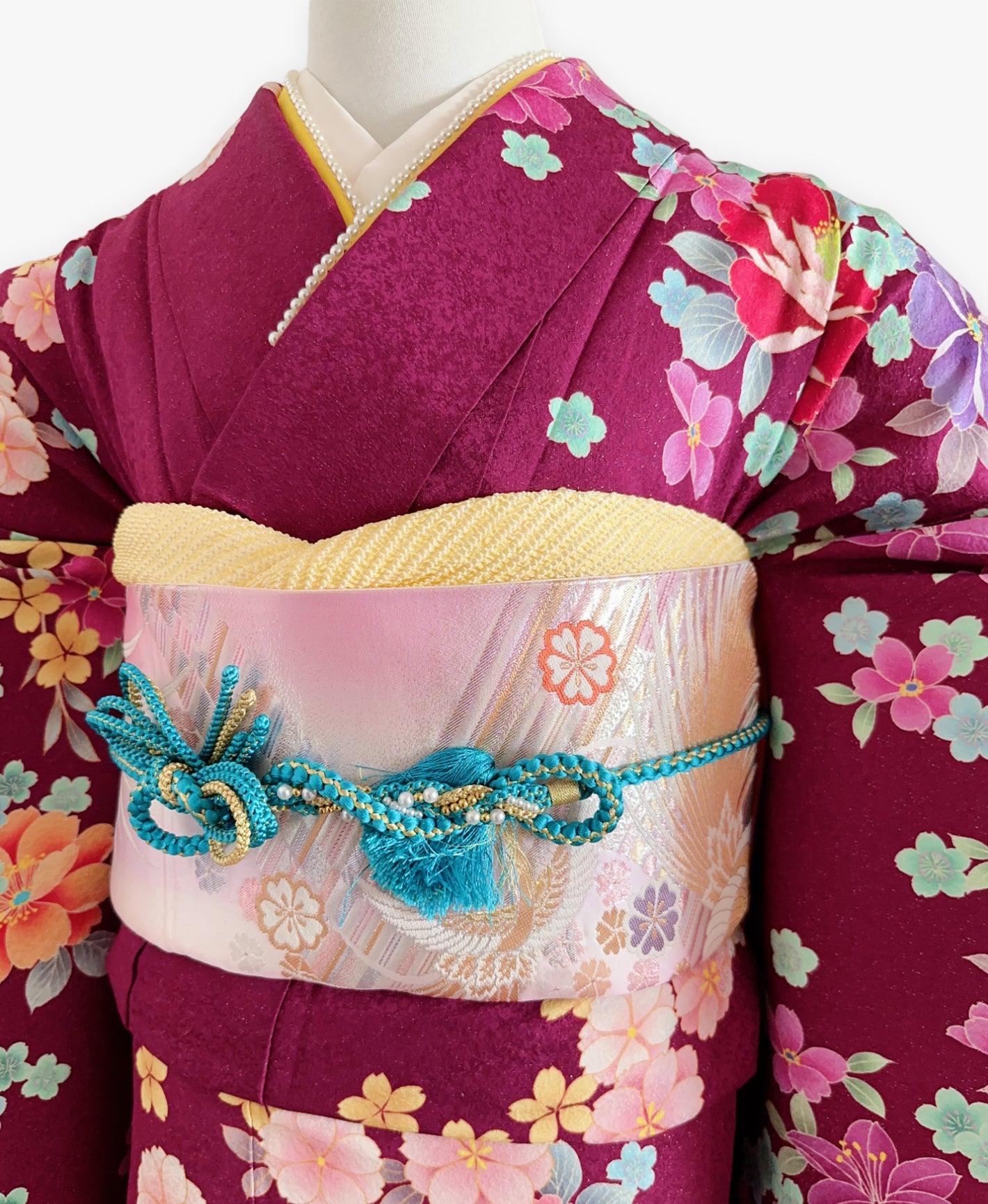 中紅 赤紫系 暈し染め 牡丹 桜 百花繚亂 振袖 着物レンタル 成人式振袖