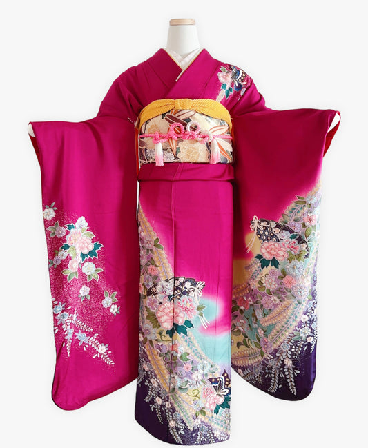 躑躅色 赤紫系 暈し染め 絞り 辻が花 蝶 檜扇 振袖 着物レンタル 成人式振袖