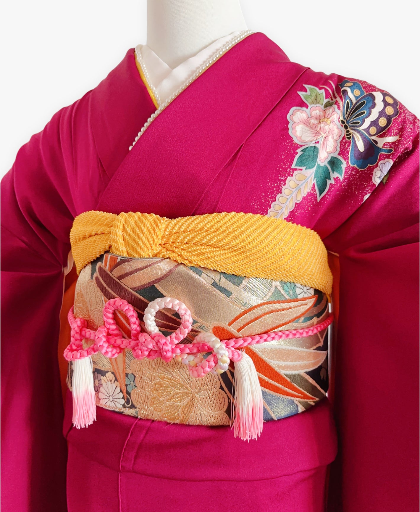 躑躅色 赤紫系 暈し染め 絞り 辻が花 蝶 檜扇 振袖 着物レンタル
