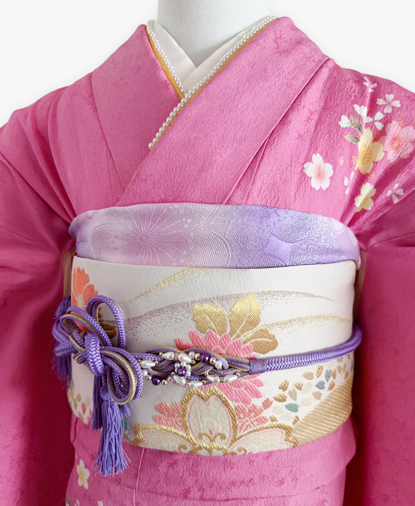桃花色 ピンク系 暈し染め 手描き 桜吹雪 手鞠 振袖 着物レンタル 成人式振袖