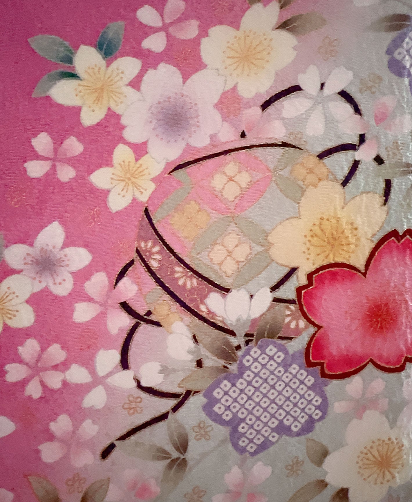 桃花色 ピンク系 暈し染め 手描き 桜吹雪 手鞠 振袖 着物レンタル 成人式振袖