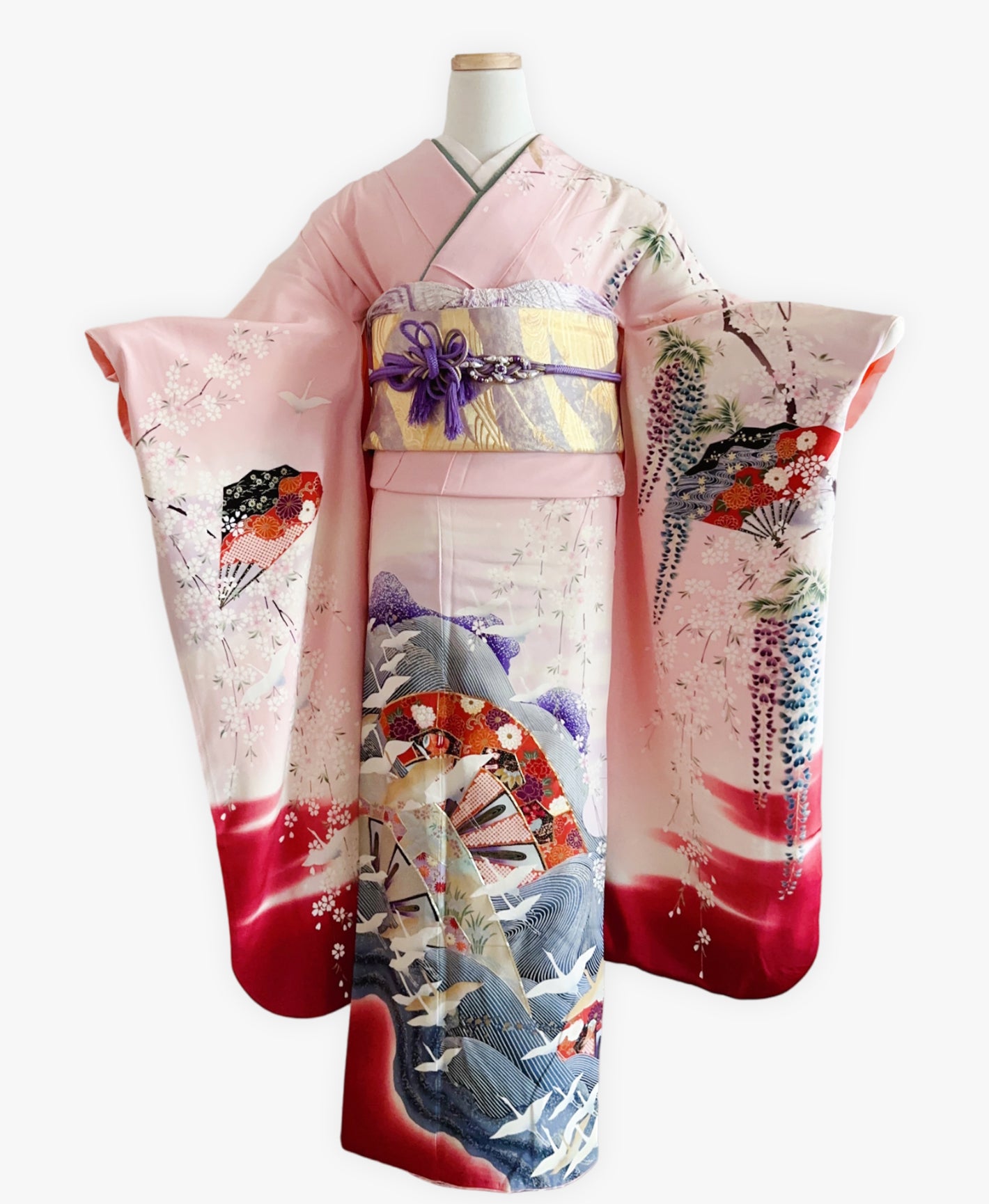 撫子色 ピンク系 暈し染め 駒刺繍 金彩 藤 桜 扇 鶴 風景 振袖 着物レンタル 成人式振袖