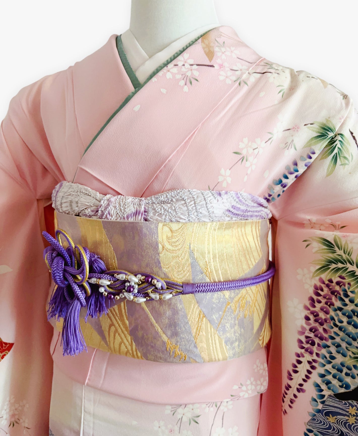 撫子色 ピンク系 暈し染め 駒刺繍 金彩 藤 桜 扇 鶴 風景 振袖 着物レンタル 成人式振袖