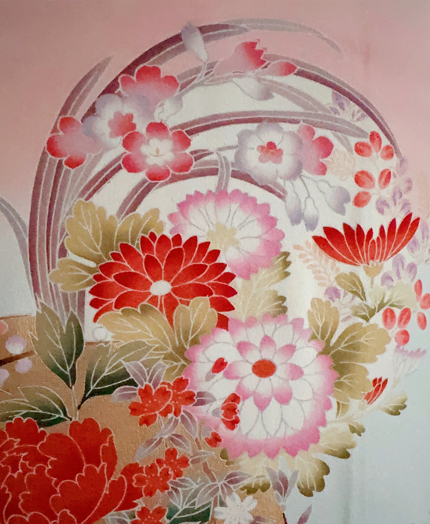 灰桜 ピンク系 暈し染め 金彩 花草 雪輪 振袖 着物レンタル