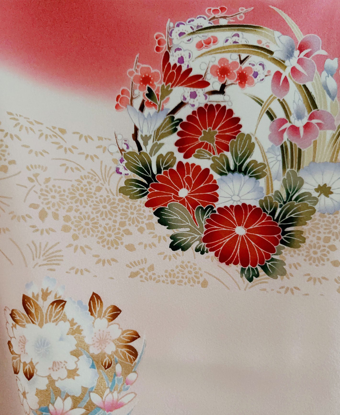 灰桜 ピンク系 暈し染め 金彩 花草 雪輪 振袖 着物レンタル