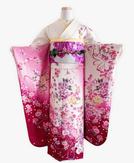 菖蒲色 ピンク系 暈し染め 手描き 百花繚亂 振袖 着物レンタル