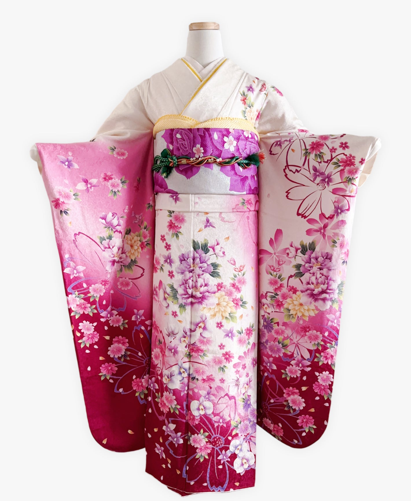 菖蒲色 ピンク系 暈し染め 手描き 百花繚亂 振袖 着物レンタル 成人式振袖