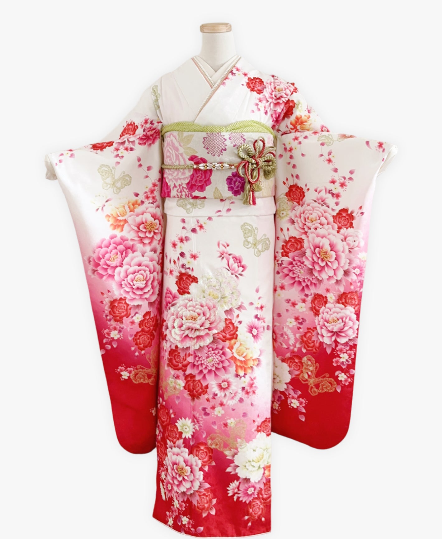 白 白系 暈し染め 金彩 牡丹 蝶 百花繚亂 振袖 着物レンタル