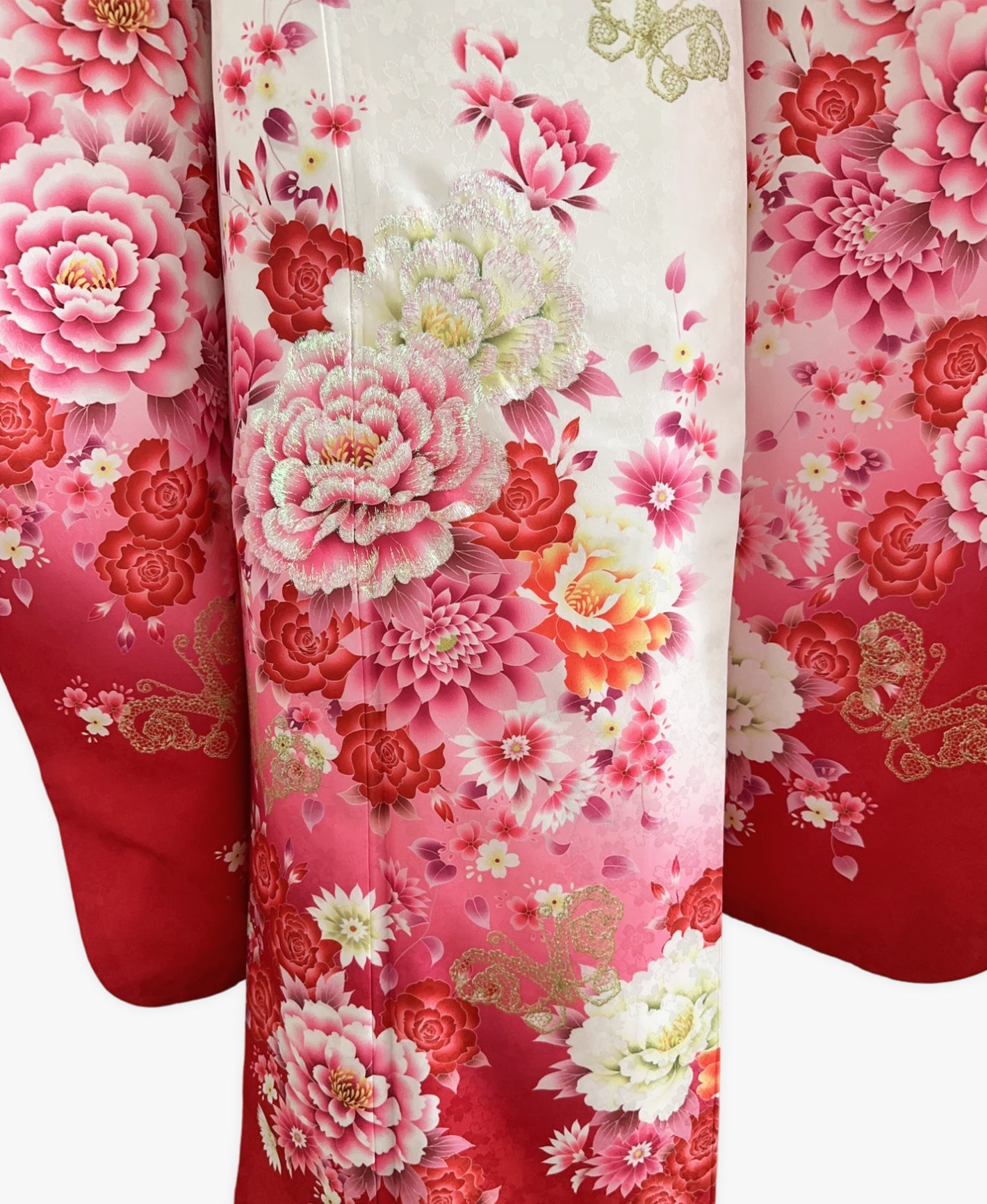 白 白系 暈し染め 金彩 牡丹 蝶 百花繚亂 振袖 着物レンタル