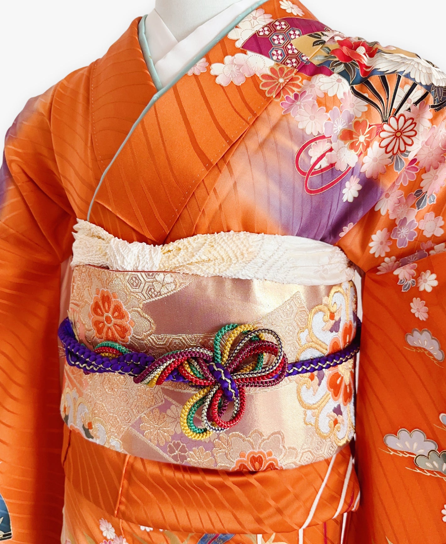 黄赤 橙系 暈し染め 金彩 鶴 扇 花草 青海波 振袖 着物レンタル 成人式振袖