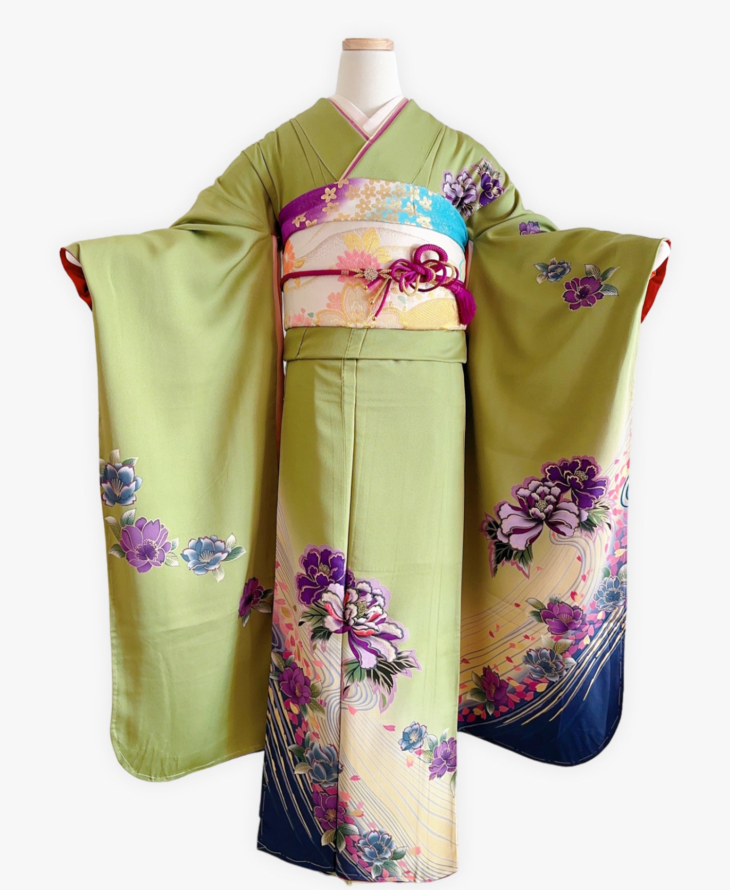 青丹 緑系 暈し染め 金彩 牡丹 花草 流水 振袖 着物レンタル 成人式振袖