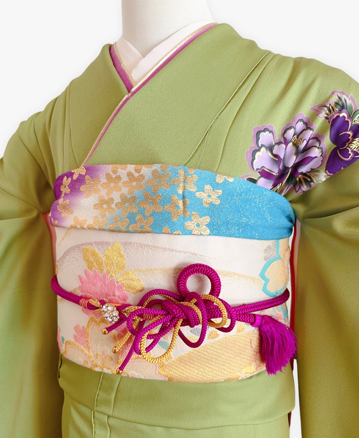青丹 緑系 暈し染め 金彩 牡丹 花草 流水 振袖 着物レンタル 成人式振袖