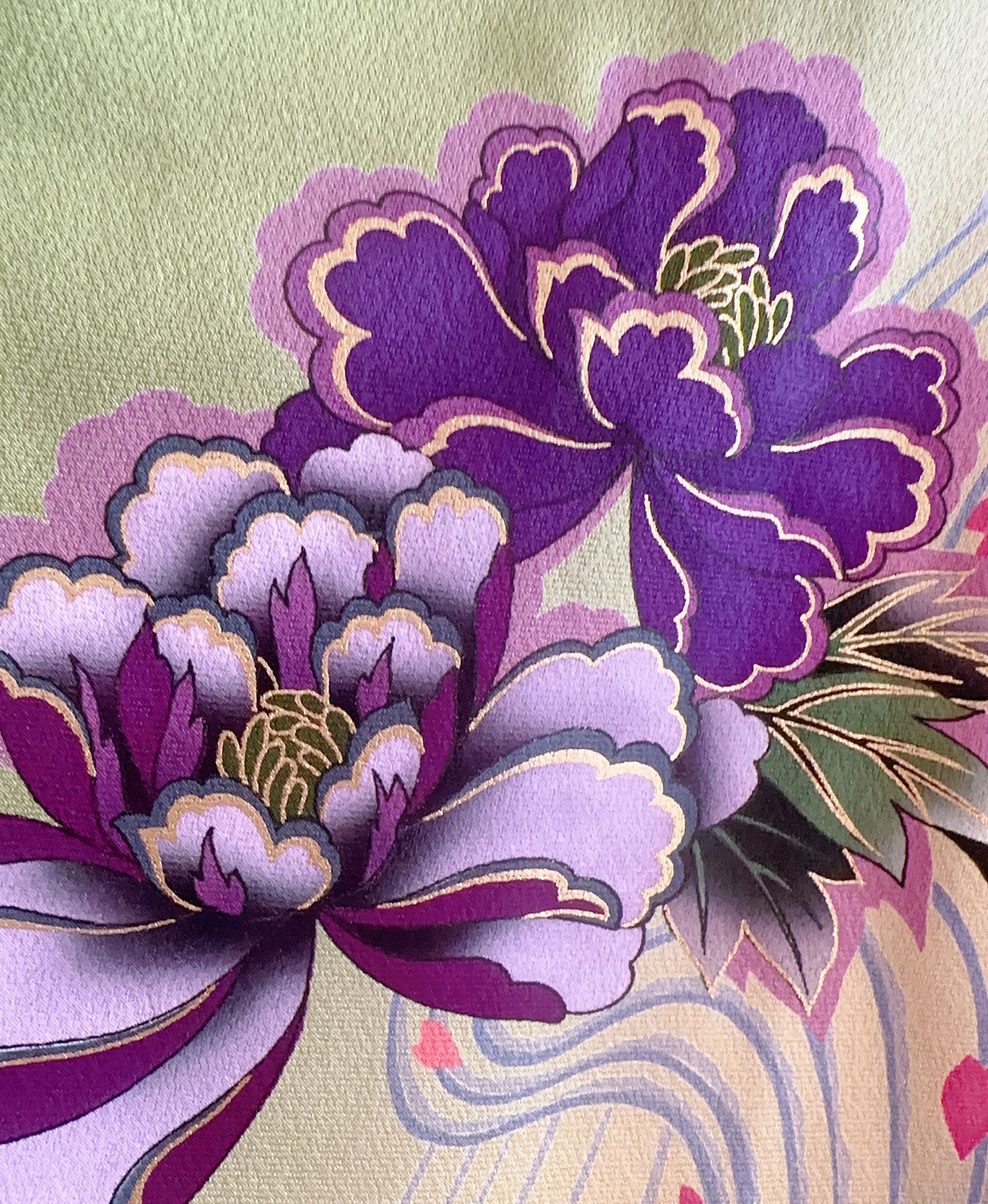 青丹 緑系 暈し染め 金彩 牡丹 花草 流水 振袖 着物レンタル 成人式振袖