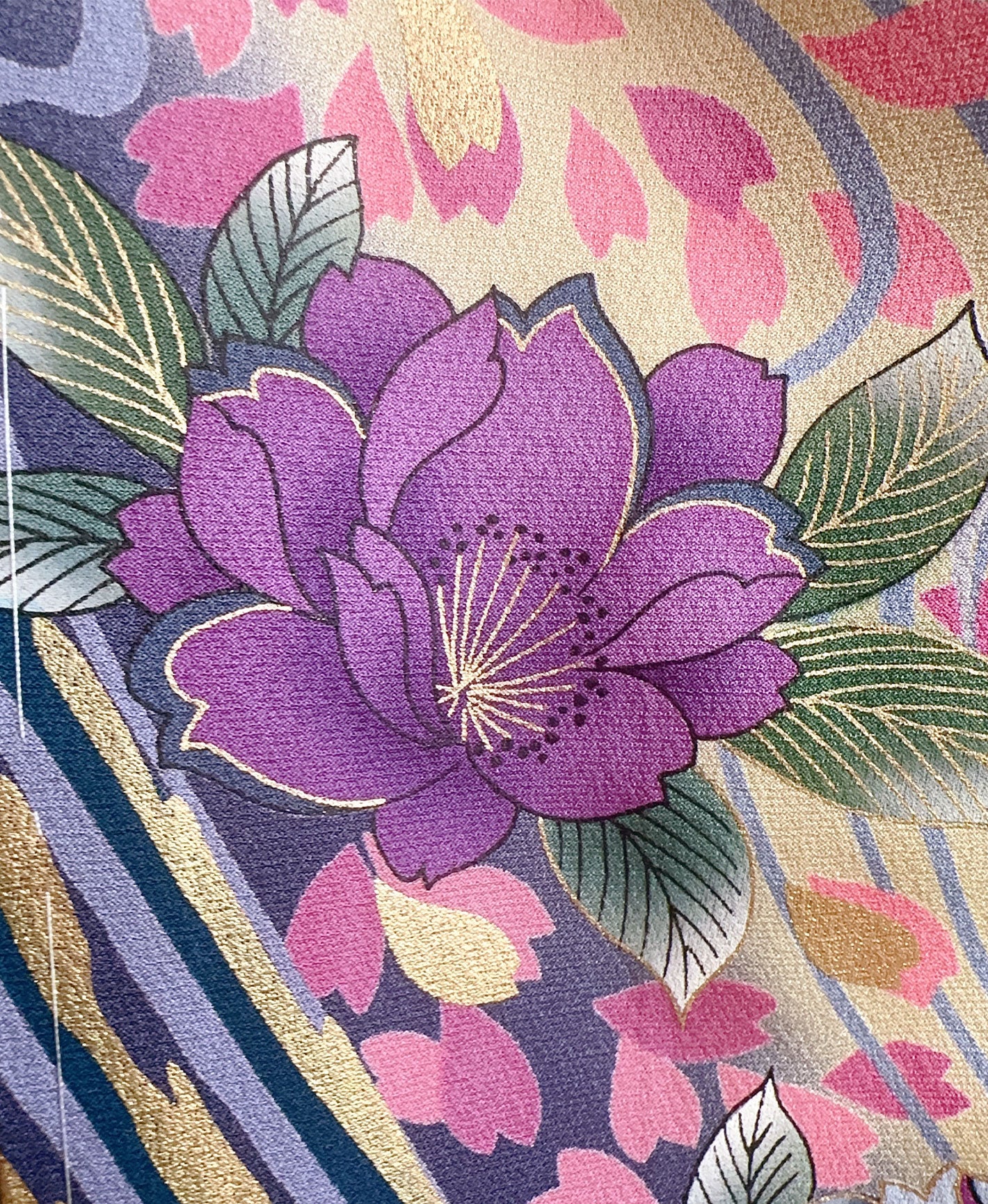 青丹 緑系 暈し染め 金彩 牡丹 花草 流水 振袖 着物レンタル 成人式振袖
