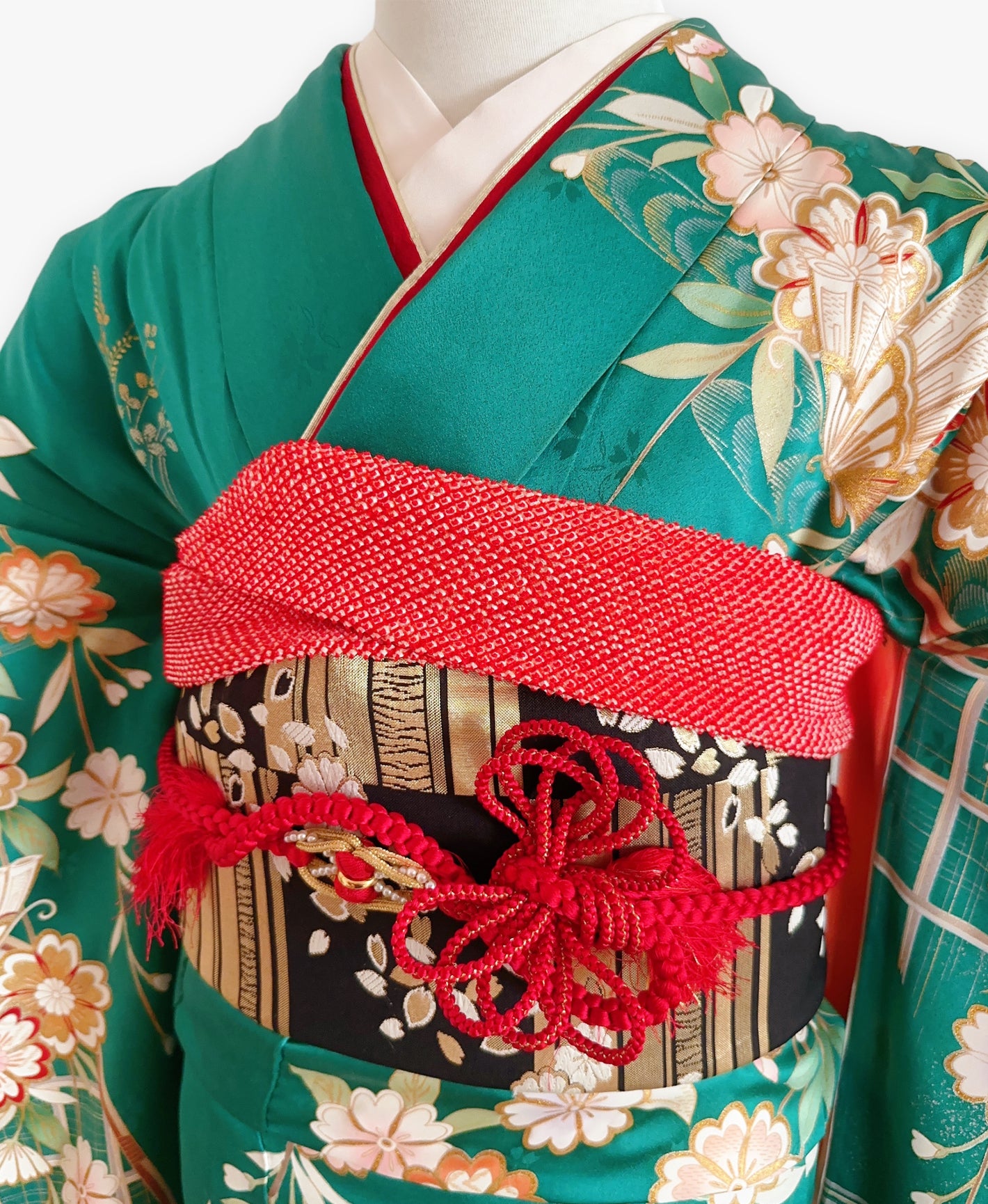 常磐色 緑系 暈し染め 駒刺繍 金彩 桜 蝶 流水 振袖 着物レンタル