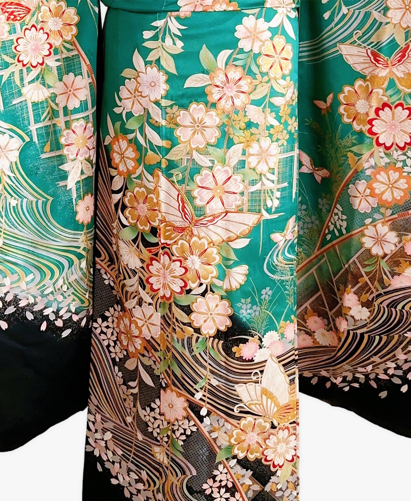常磐色 緑系 暈し染め 駒刺繍 金彩 桜 蝶 流水 振袖 着物レンタル