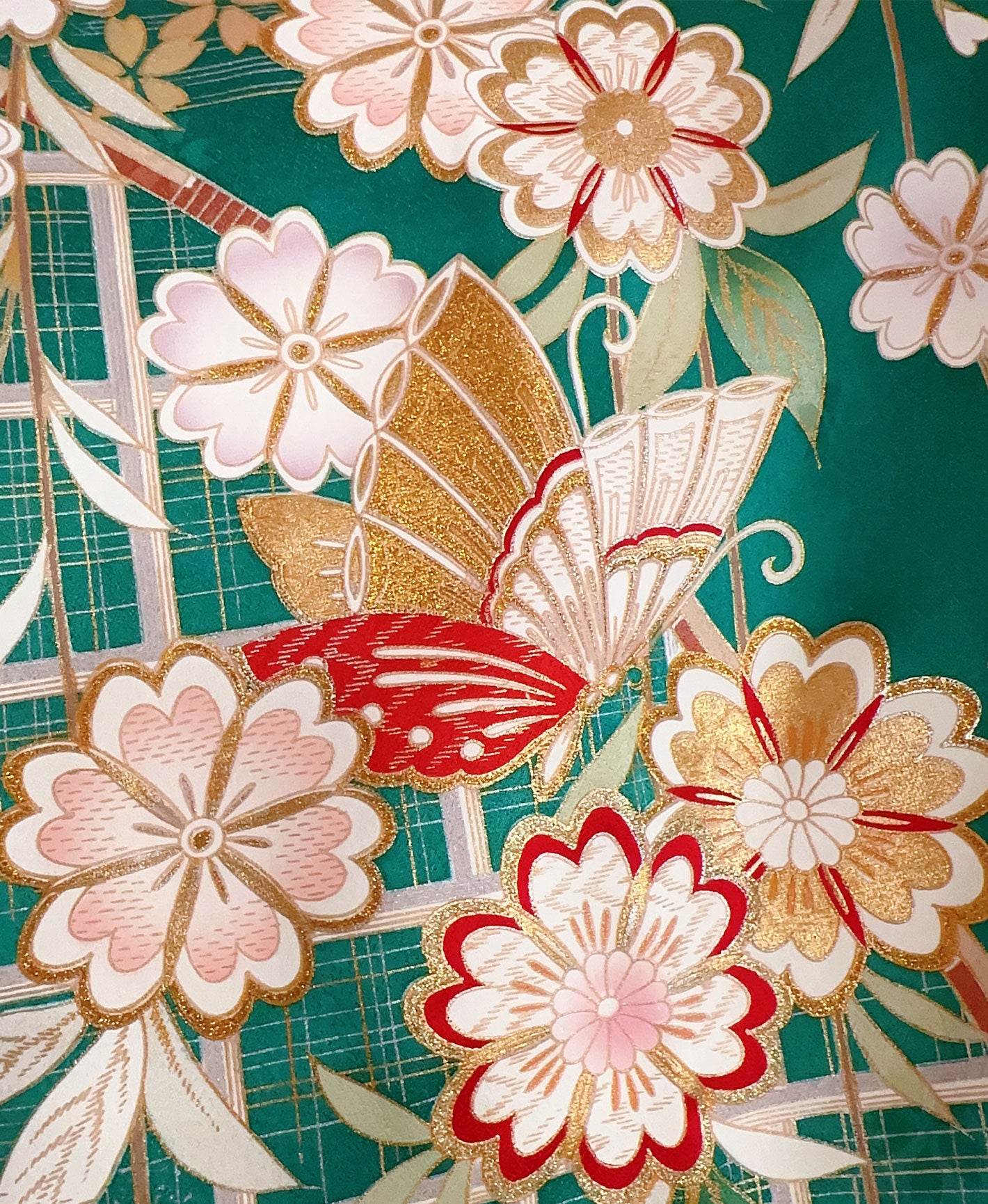 常磐色 緑系 暈し染め 駒刺繍 金彩 桜 蝶 流水 振袖 着物レンタル