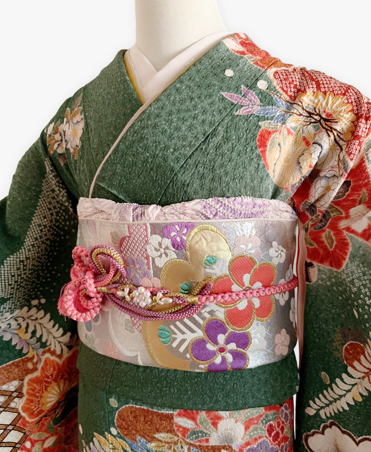 木賊色 緑系 暈し染め 絞り 藤 松 花草 振袖 着物レンタル