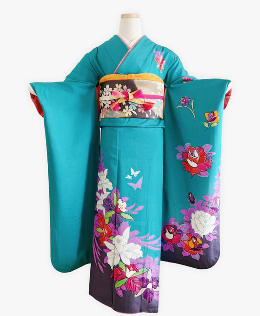 納戸色 青系 暈し染め 蝶 花草 振袖 着物レンタル