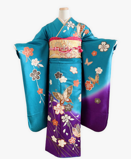 納戸色 青系 暈し染め 金彩 枝垂れ桜 蝶 振袖 着物レンタル